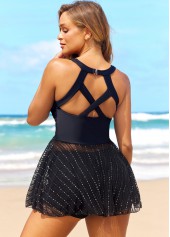 Black swimwear,Plain Color swimwear,ROTITA Mesh Glitter Fabric Stitching Black Swimdress Top