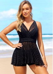 Mesh Glitter Fabric Stitching Black Swimdress Set
