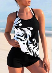 Curly Grass Print Halter Color Block Tankini Set