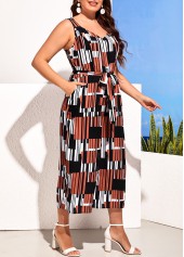 Multi Color plus size,Geometric plus size,ROTITA Geometric Print Belted Plus Size Multi Color Jumpsuit