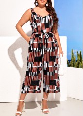 ROTITA Geometric Print Belted Plus Size Multi Color Jumpsuit