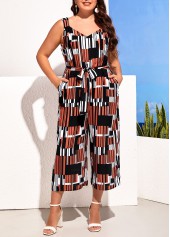Multi Color plus size,Geometric plus size,ROTITA Geometric Print Belted Plus Size Multi Color Jumpsuit