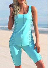 ROTITA Lace Stitching Cyan Zipper Closure Tankini Set