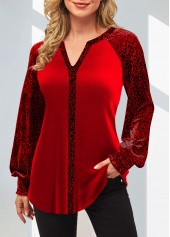 ROTITA Velvet Stitching Leopard Split Neck Red Valentines Blouse