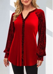 Red tops,Leopard tops,ROTITA Velvet Stitching Leopard Split Neck Red Valentines Blouse