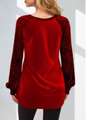 Red tops,Leopard tops,ROTITA Velvet Stitching Leopard Split Neck Red Valentines Blouse