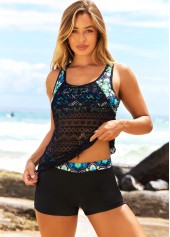 ROTITA Lace Stitching Black Tribal Print Tankini Set