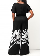 Black jumpsuits&rompers,Floral jumpsuits&rompers,ROTITA Floral Print Belted Skew Neck Black Jumpsuit