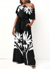 Black jumpsuits&rompers,Floral jumpsuits&rompers,ROTITA Floral Print Belted Skew Neck Black Jumpsuit
