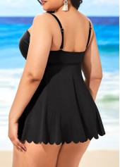 Black plus size,Plain Color plus size,Plus Size Zigzag Hem Black Swimdress and Panty