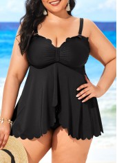 Black plus size,Plain Color plus size,Plus Size Zigzag Hem Black Swimdress and Panty