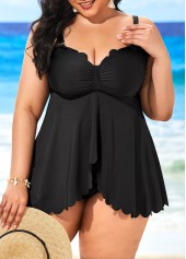 Plus Size Zigzag Hem Black Swimdress and Panty