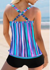 Blue swimwear,Striped swimwear,ROTITA Rainbow Stripe Blue Cross Strap Tankini Top