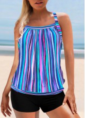Blue swimwear,Striped swimwear,ROTITA Rainbow Stripe Blue Cross Strap Tankini Top