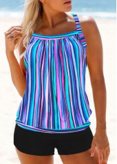 Rainbow Stripe Blue Cross Strap Tankini Set