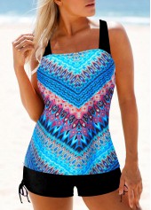 Wide Strap Tribal Print Cyan Tankini Set