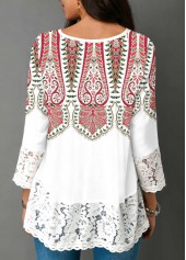 White tops,Tribal tops,ROTITA Tribal Print White Lace Patchwork Blouse