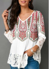 White tops,Tribal tops,ROTITA Tribal Print White Lace Patchwork Blouse