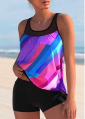 Rainbow Color swimwear,Geometric swimwear,ROTITA Mesh Stitching Geometric Print Rainbow Color Tankini Top