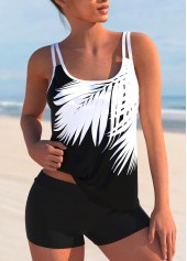Tropical Print Double Straps Black Tankini Set