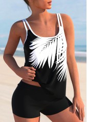 Black swimwear,Plants swimwear,ROTITA Tropical Print Double Straps Black Tankini Top
