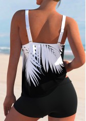 Black swimwear,Plants swimwear,ROTITA Tropical Print Double Straps Black Tankini Top