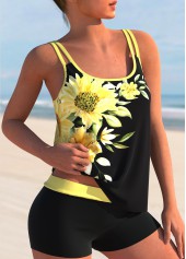 Yellow swimwear,Floral swimwear,ROTITA Sunflower Print Double Straps Yellow Tankini Set
