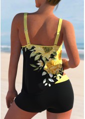 Yellow swimwear,Floral swimwear,ROTITA Sunflower Print Double Straps Yellow Tankini Set