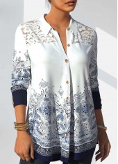 White tops,Tribal tops,ROTITA Tribal Print White Lace Stitching Blouse