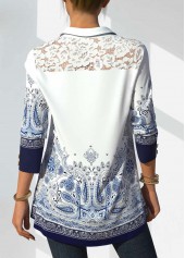 White tops,Tribal tops,ROTITA Tribal Print White Lace Stitching Blouse