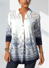 ROTITA Tribal Print White Lace Stitching Blouse