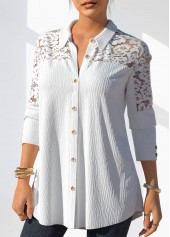 White tops,Plain Color tops,ROTITA Lace Stitching White Button Detail Blouse