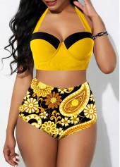 ROTITA Paisley Print High Waisted Yellow Bikini Set