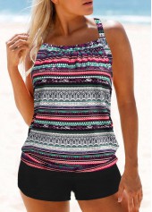 Multi Color Cross Strap Tribal Print Tankini Set