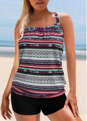Multi Color swimwear,Tribal swimwear,ROTITA Multi Color Cross Strap Tribal Print Tankini Top