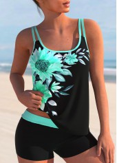ROTITA Sunflower Print Double Straps Cyan Tankini Set