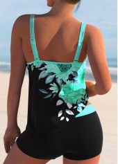 Cyan swimwear,Floral swimwear,ROTITA Sunflower Print Double Straps Cyan Tankini Set