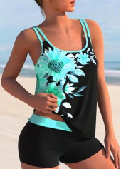 Cyan swimwear,Floral swimwear,ROTITA Sunflower Print Double Straps Cyan Tankini Set