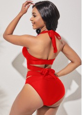 Red swimwear,Plain Color swimwear,ROTITA Cross Strap Halter High Waisted Red Bikini Set