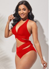 Red swimwear,Plain Color swimwear,ROTITA Cross Strap Halter High Waisted Red Bikini Set