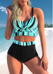 ROTITA High Waisted Front Cross Stripe Print Bikini Set