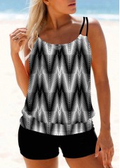 Geometric Print Black Double Straps Tankini Set