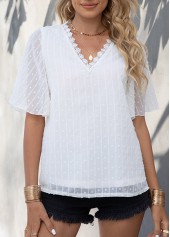 White Textured V Neck Lace Patchwork T Shirt