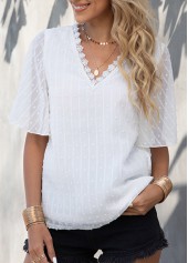 White tops,Plain Color tops,White Textured V Neck Lace Patchwork T Shirt