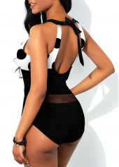 Black swimwear,Dot swimwear,ROTITA Black Polka Dot Mesh Stitching One Piece Swimwear