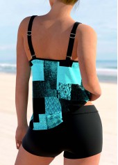 Light Blue swimwear,Geometric swimwear,ROTITA Double Straps Sky Blue Geometric Print Tankini Top