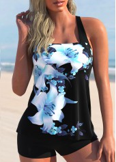 Cross Strap Floral Print Sky Blue Tankini Set