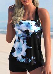 Light Blue swimwear,Floral swimwear,ROTITA Cross Strap Floral Print Sky Blue Tankini Top
