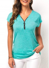 Cyan tops,Plain Color tops,Quarter Zip Cyan Side Shirred T Shirt