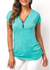 Cyan tops,Plain Color tops,Quarter Zip Cyan Side Shirred T Shirt